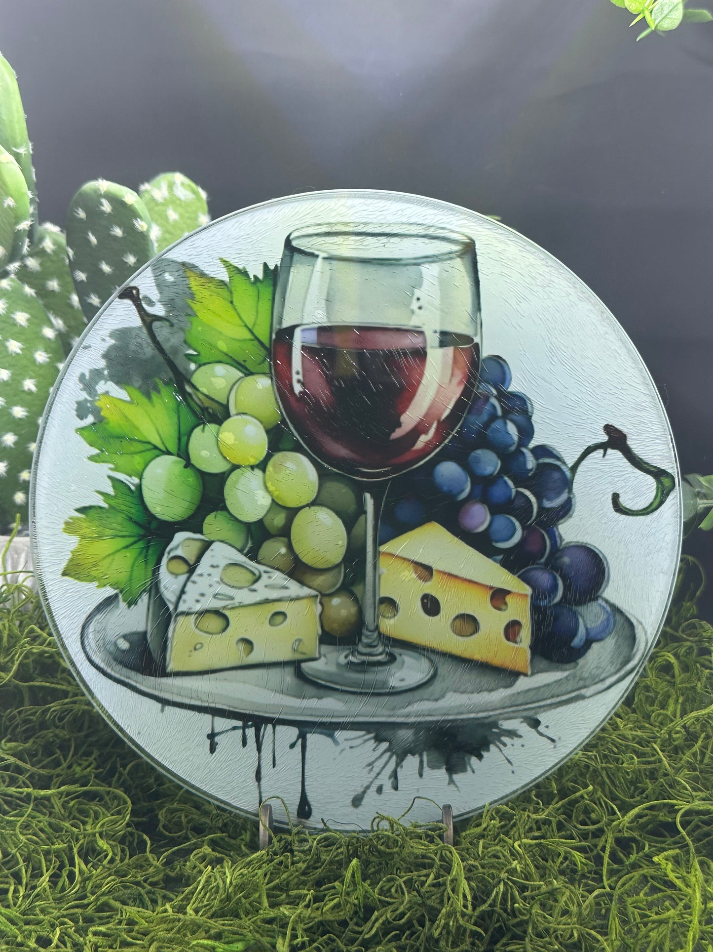 Wine Cheese and Grapes Round Glass Plate