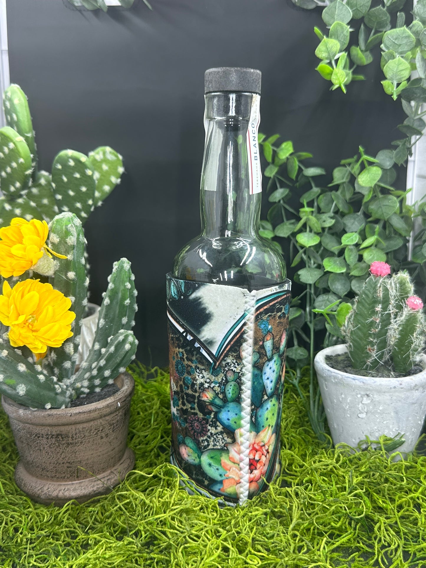 Turquoise Heart on Cowhide Camo Bottle Koozie