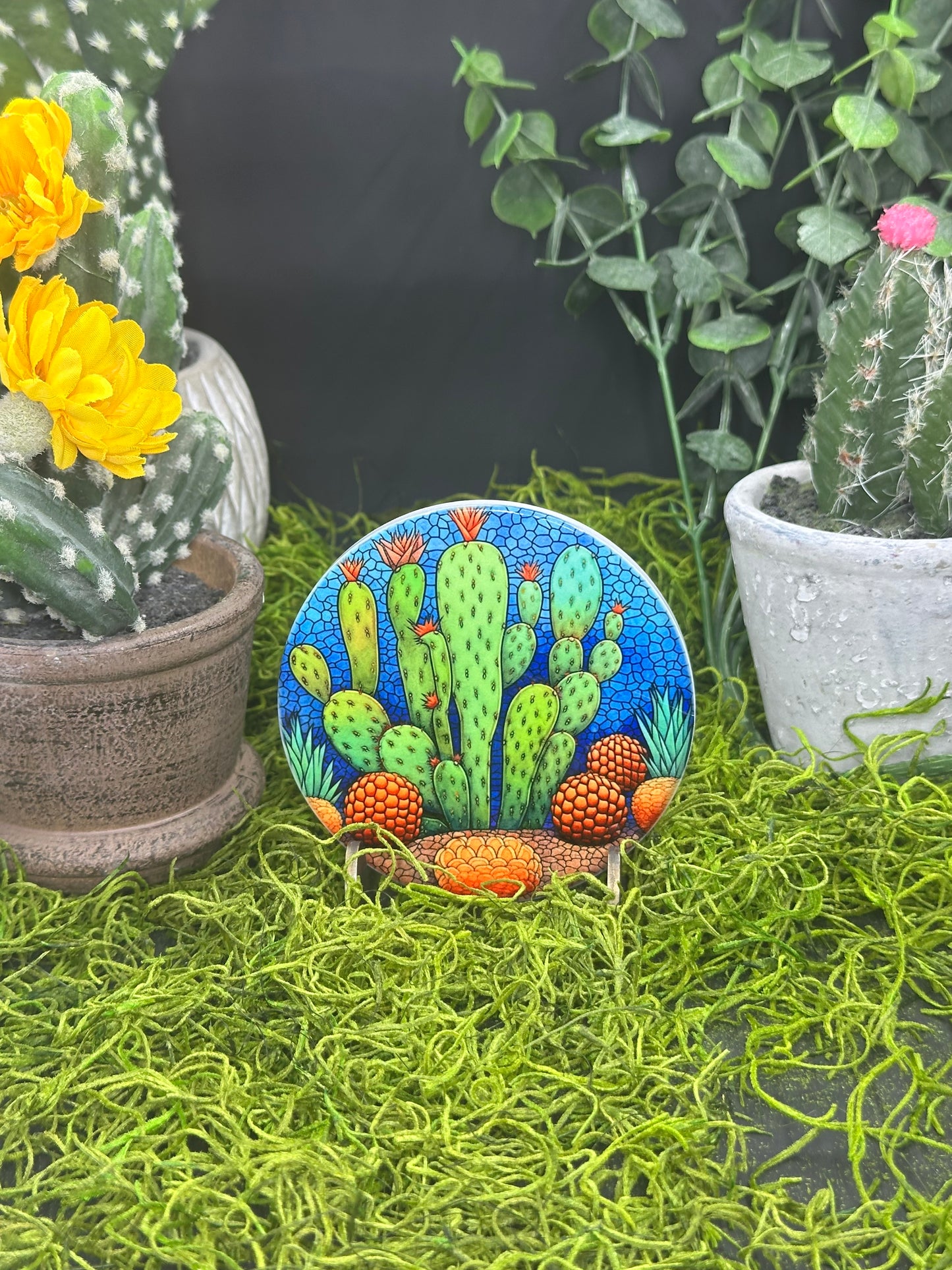 Stained Glass Cactus #4 Ceramic, Round Coaster