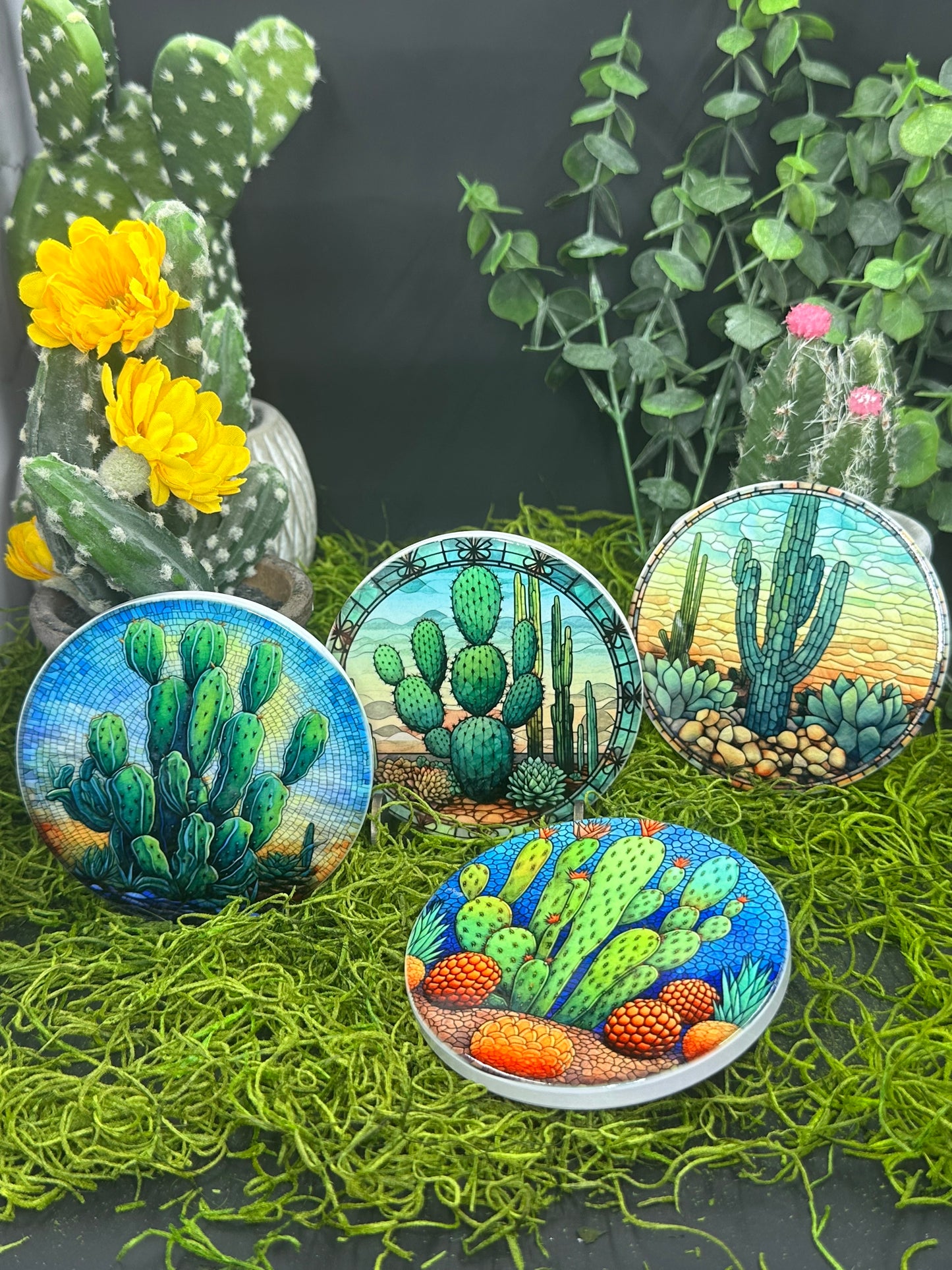 Stained Glass Cactus #4 Ceramic, Round Coaster