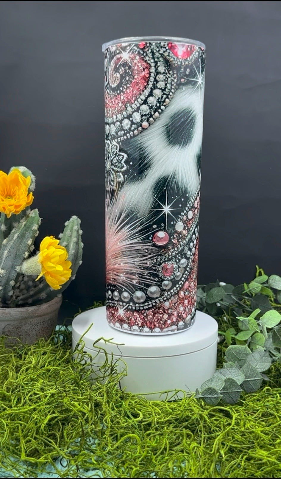 Pink Rhinestone Cowhide Skinny Tumbler