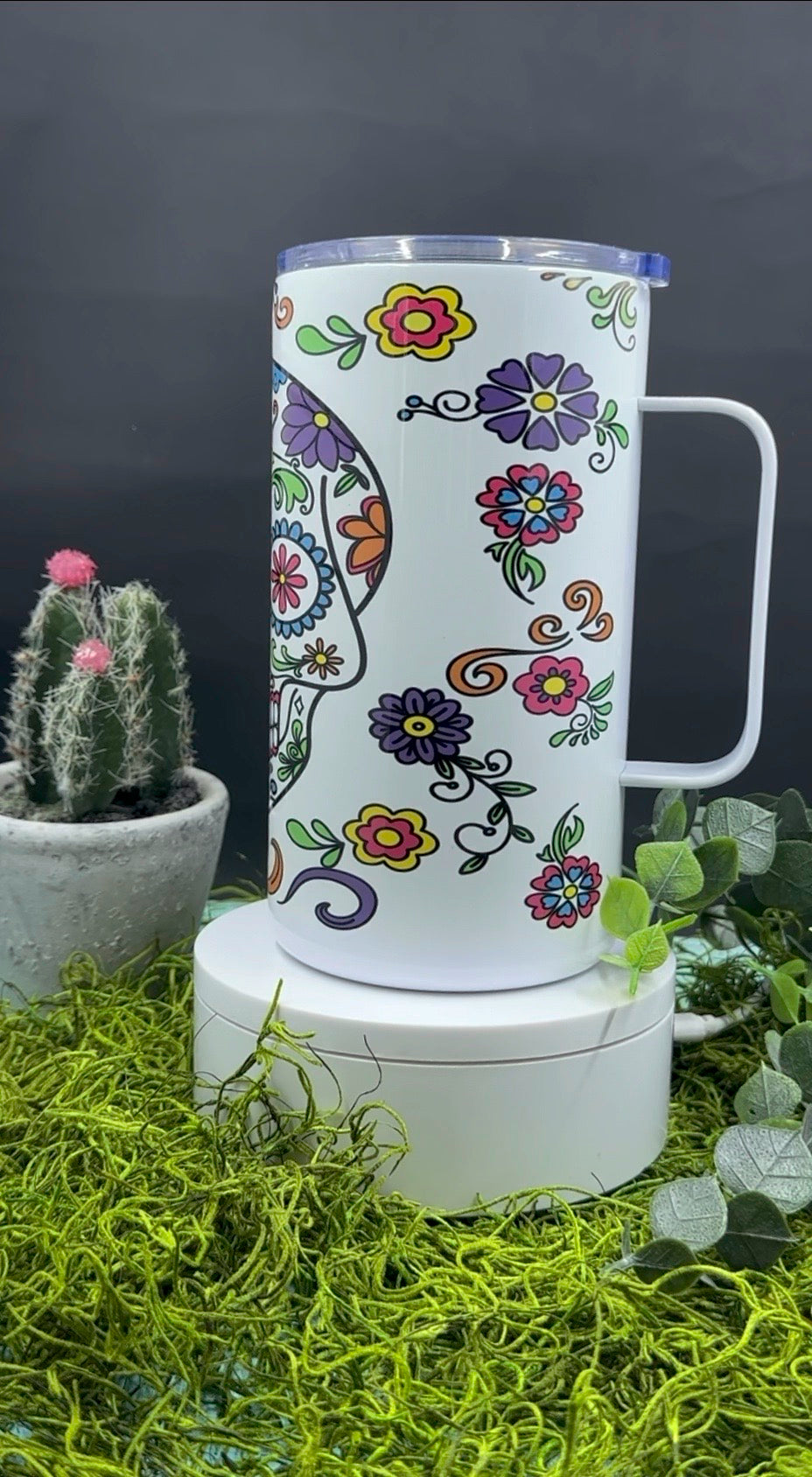 Sugar Skull on White Handled Tumbler