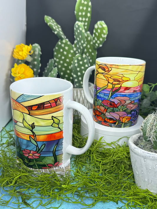 Stained Glass Sunrise Flowers 15oz Mug