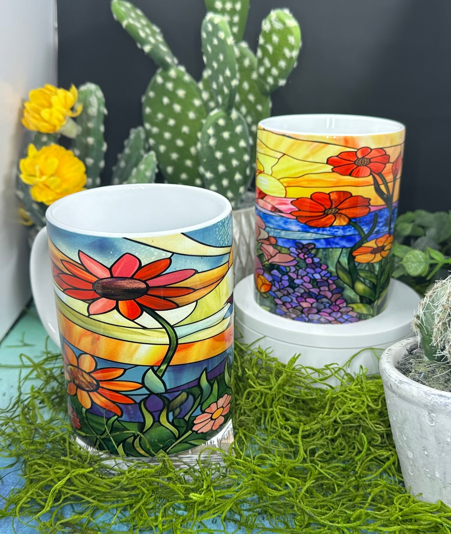 Stained Glass Sunrise Flowers 15oz Mug