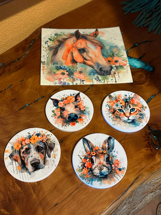 Cat in Flowers Ceramic, Round Coaster