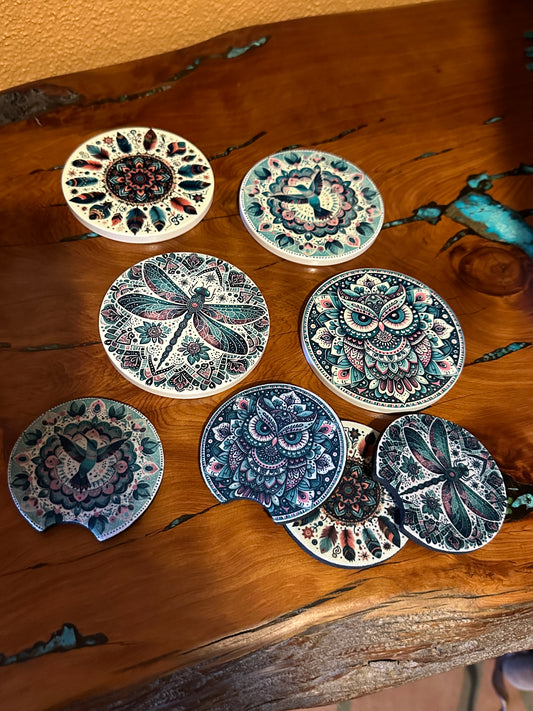 Boho Mandala Feathers Ceramic, Round Coaster