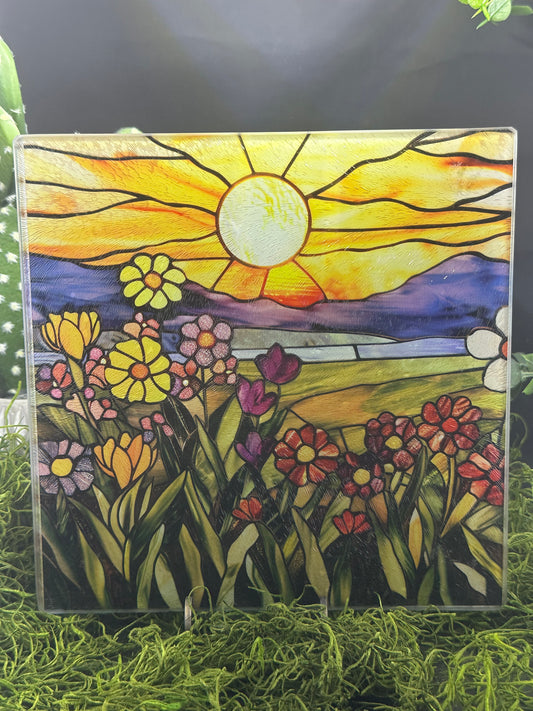 Stained Glass Sunrise Square Glass Plate