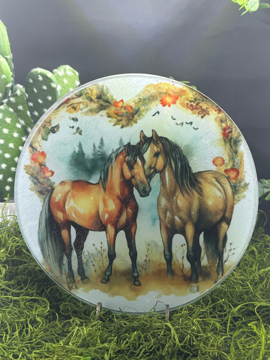 Horse Couple Heart Round Glass Plate