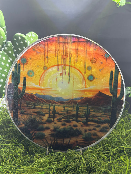 Boho Sunset Orange Round Glass Plate