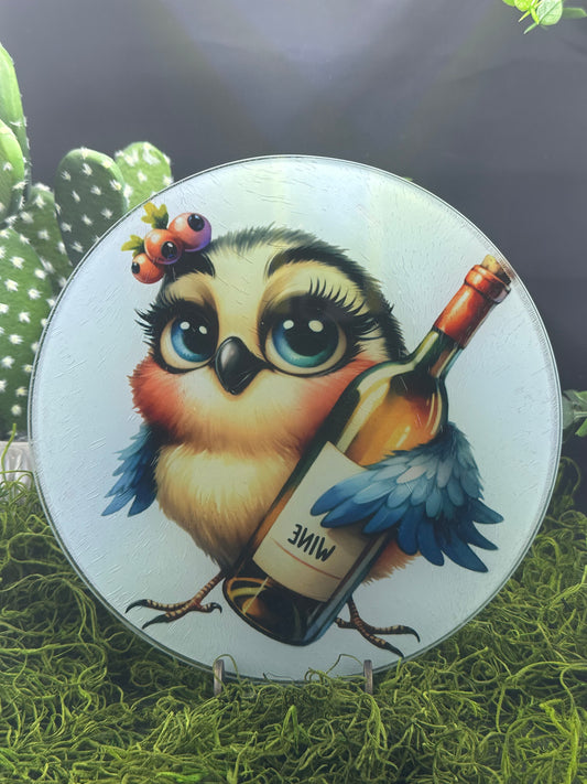 Cute Wine Bird Round Glass Plate