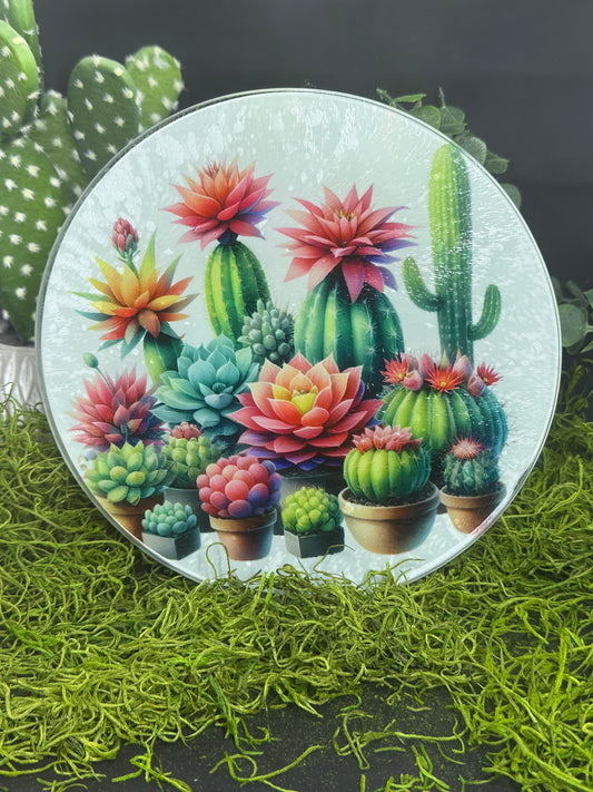 Succulant Cactus Garden Round Glass Plate