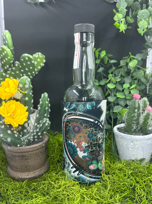 Turquoise Heart on Cowhide Camo Bottle Koozie