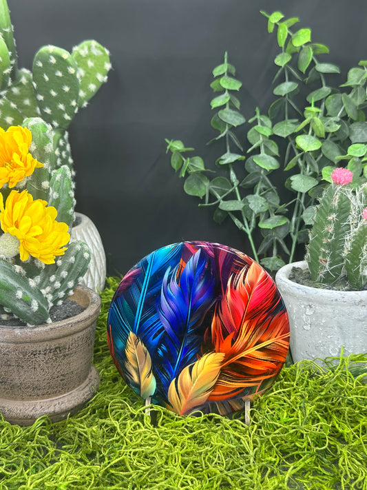 Colorful Feathers Ceramic, Round Coaster