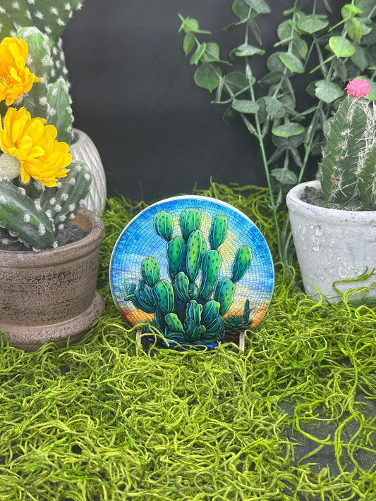 Stained Glass Cactus #1 Ceramic, Round Coaster