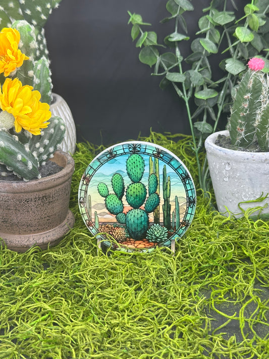 Stained Glass Cactus #2 Ceramic, Round Coaster