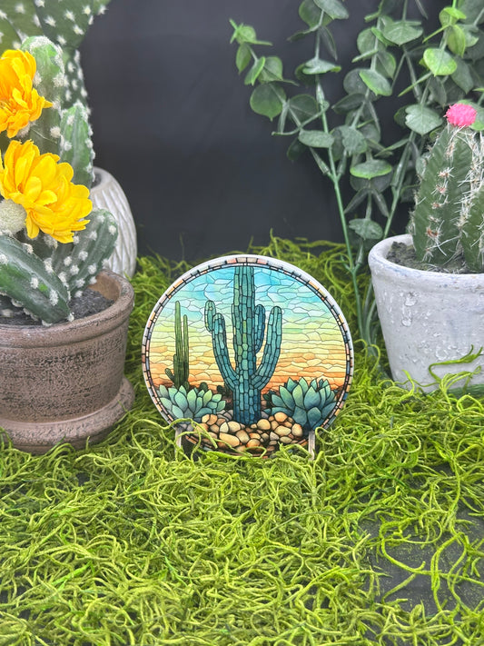 Stained Glass Cactus #3 Ceramic, Round Coaster