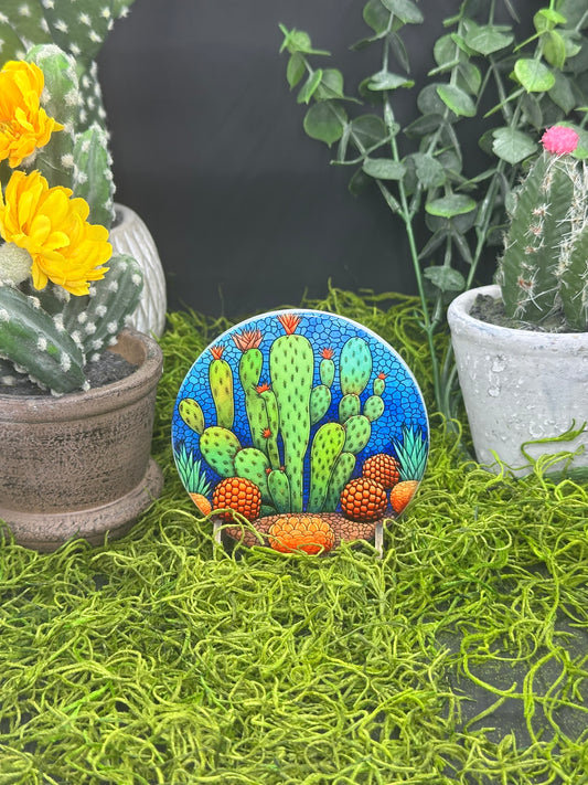 Stained Glass Cactus #4 Ceramic, Round Coaster