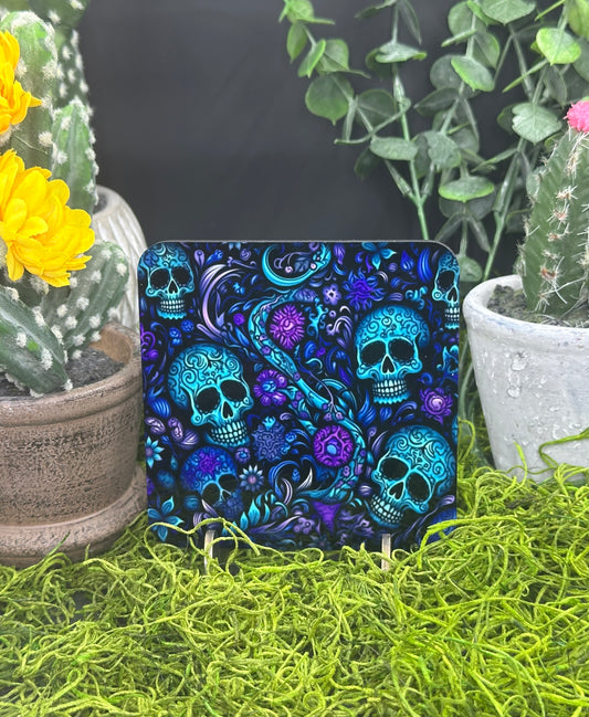 Teal/Purple Sugar Skulls PDF, Square Coaster