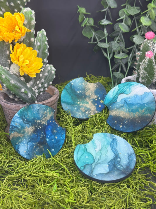 Teal/Copper Glitter Swirl Set of 2 Auto Coasters