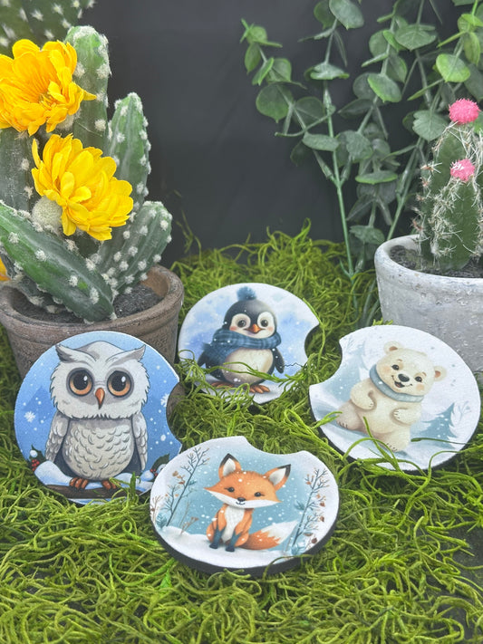 Snow Owl and Fox Set of 2 Auto Coasters