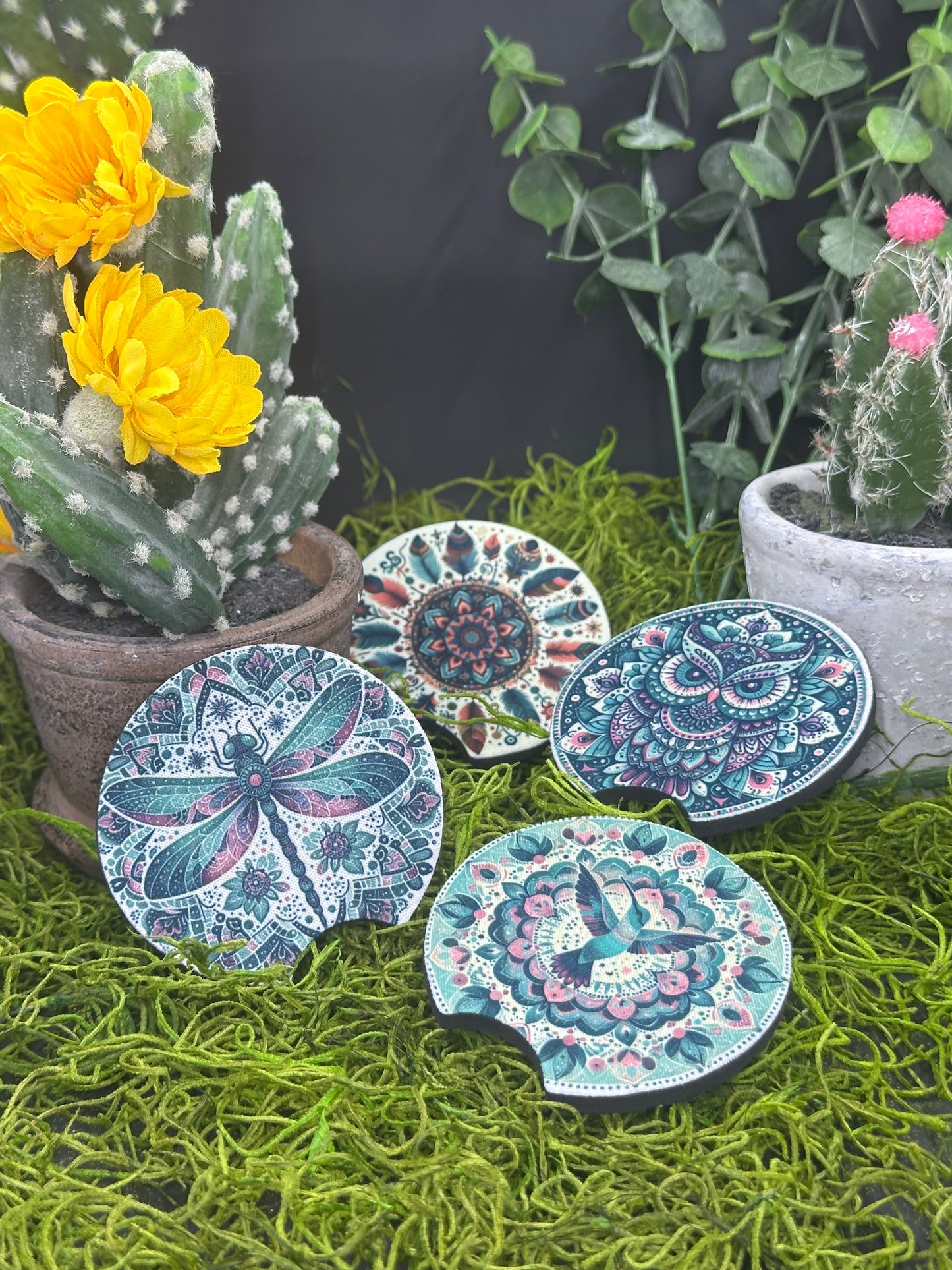 Boho Mandala Owl and Dragonfly Set of 2 Auto Coasters