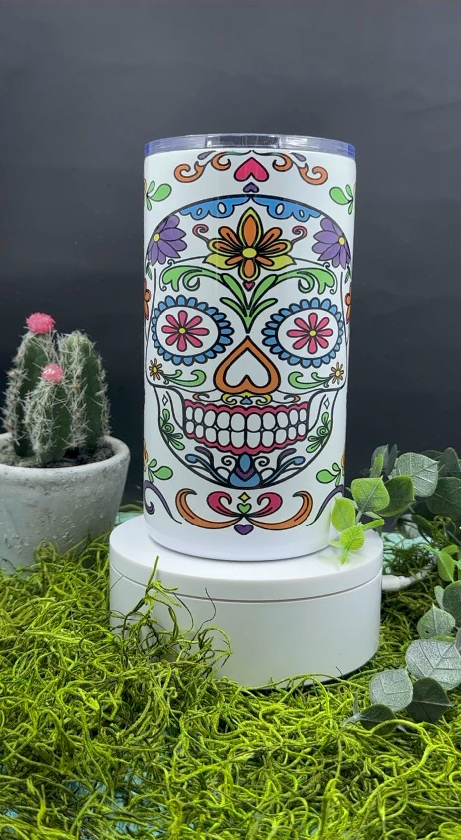 Sugar Skull on White Handled Tumbler