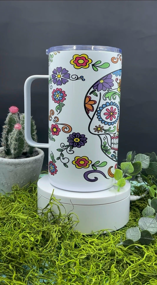 Sugar Skull on White Handled Tumbler